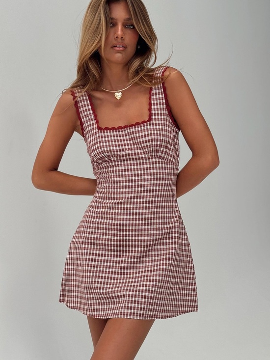 Princess Polly Dresses & Skirts - Princess Polly- DASHA mini dress- Gingham Square-Neck Mini Dress in Burgundy